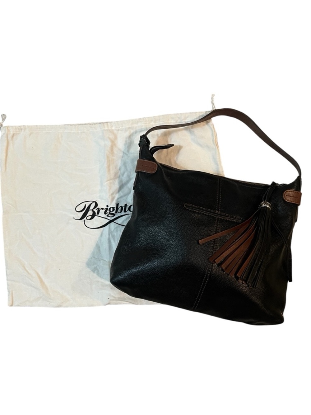 Brighton Black Leather‎ Shoulder Bag Tassel Hobo Purse Brown Strap